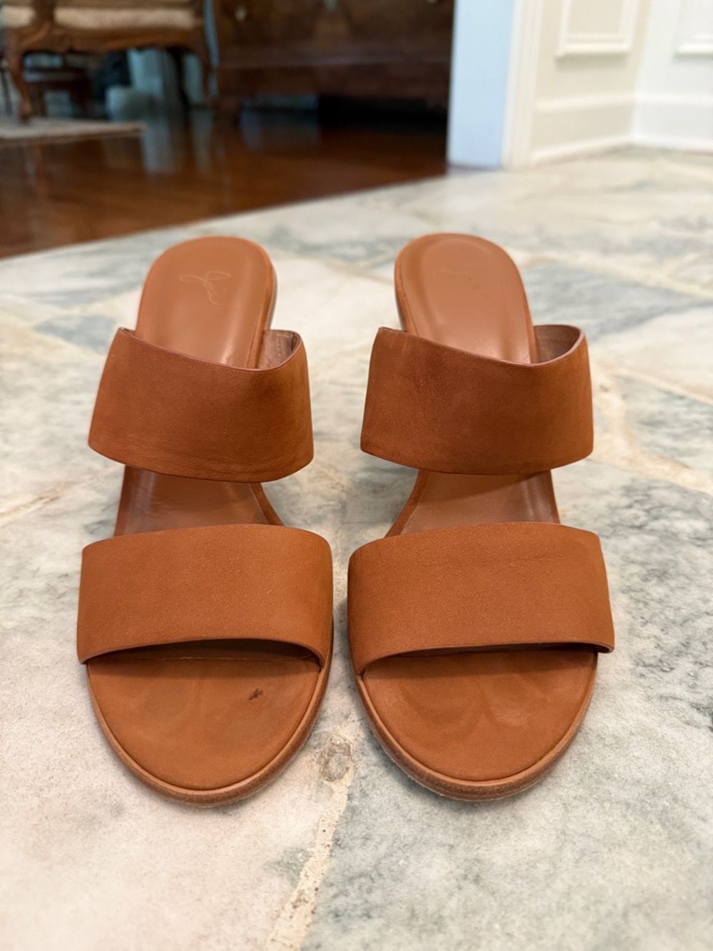 Joie Two-Strap Slide Mules in Cognac Brown